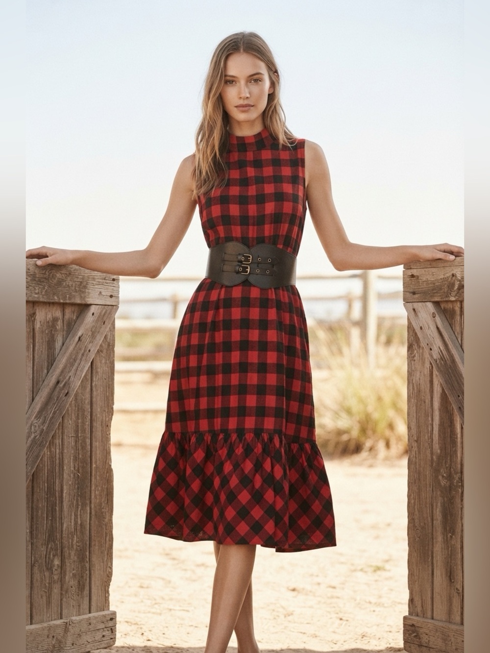 BP. Red Black Buffalo Plaid Sleeveless Mock Neck Midi Dress Large NWT